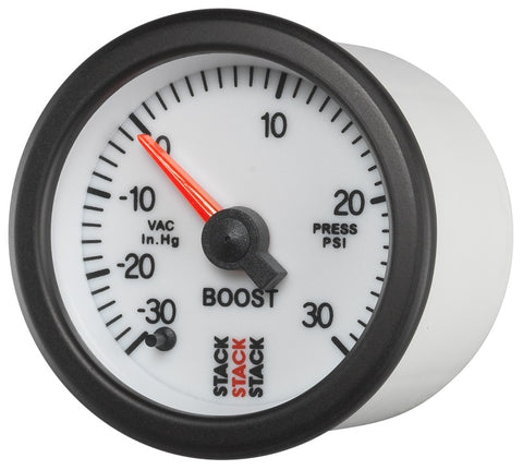 Autometer Stack 52mm -30INHG to +30 PSI (Incl T-Fitting) Pro Stepper Motor Boost Press Gauge - White - ST3362
