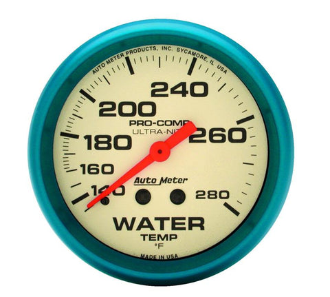 Autometer Ultra-Nite 2-5/8in 140-280 Degree Liquid Filled Mechanical Glow In Dark Water Temp Gauge - 4231