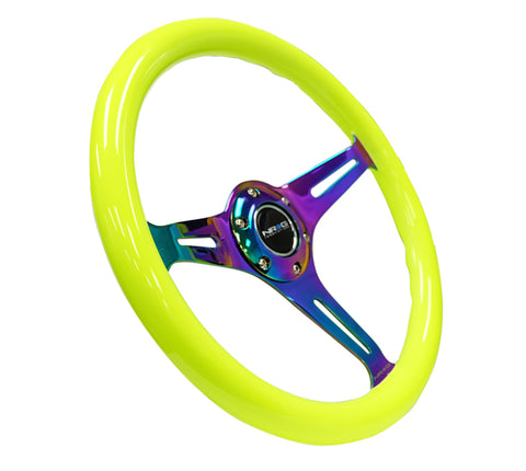 NRG Classic Wood Grain Steering Wheel (350mm) Neon Yellow Color w/Neochrome Spokes - ST-015MC-NYW