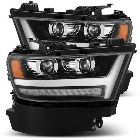 AlphaRex 19-20 Dodge Ram 1500 LUXX LED Proj Headlights Plank Jet Blk w/Activ Light/Seq Signal/DRL - 880545