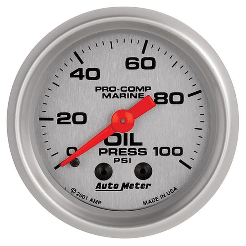 Autometer Marine Silver Oil Pressure 2 1/16in 100 psi Mechanical Gauge - 200790-33