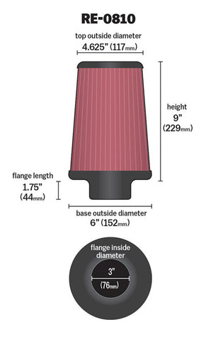 K&N Universal Rubber Filter 3inch FLG / 6inch OD-B / 4-5/8inch OD-T / 9inch L - RE-0810