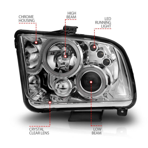 ANZO 2005-2009 Ford Mustang Projector Headlights w/ Halo Chrome - 121162