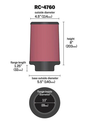 K&N Universal Chrome Filter 3 1/2 inch FLG / 5 1/2 inch Bottom / 4 1/2 inch Top / 8 inch Height - RC-4760