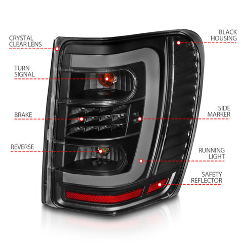 ANZO 1999-2004 Jeep Grand Cherokee LED Tail Lights w/ Light Bar Black Housing Clear Lens - 311394
