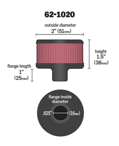 K&N Steel Base Crankcase Vent Filter .625in Vent OD x 2in OD x 1.5in Height - 62-1020