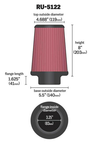 K&N Filter Universal Rubber Filter 3.25  Flange 5.5 Base 4.6875 Top 8 Height - RU-5122