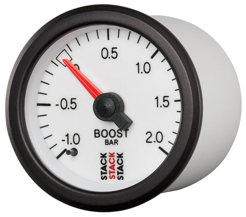 Autometer Stack 52mm -1 to +2 Bar T-Fitting 0.187in Barb (M) Mechanical Boost Pressure Gauge - White - ST3161