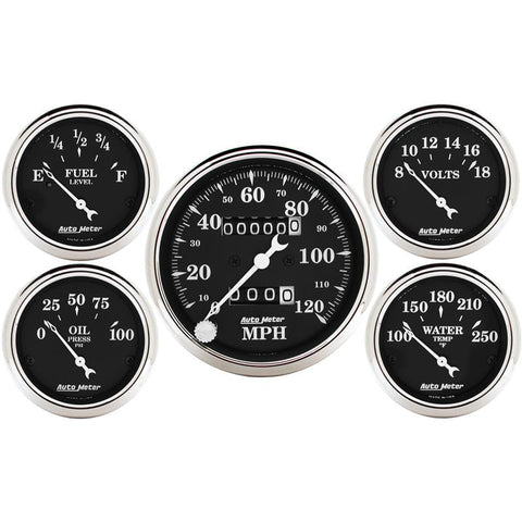 Auto Meter Gauge Kit 5 pc. 3 1/8in & 2 1/16in Mechanical Speedometer Old Tyme Black - 1708