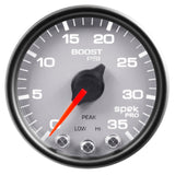 AutoMeter Gauge Boost 2-1/16in. 35PSI Stepper Motor W/Peak & Warn Silver/Blk Spek-Pro - P30322