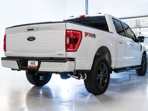 AWE Tuning 0FG 21+ Ford F150 Dual Side Exit Cat-Back Exhaust- 4.5in Chrome Silver Tips - 3015-22067