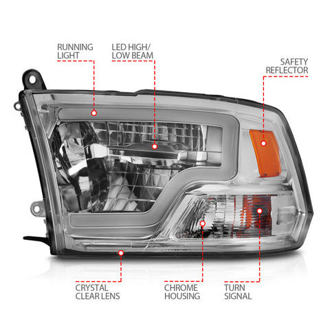 ANZO 2009-2020 Dodge Ram 1500 Full LED Square Projector Headlights w/ Chrome Housing Chrome Amber - 111540