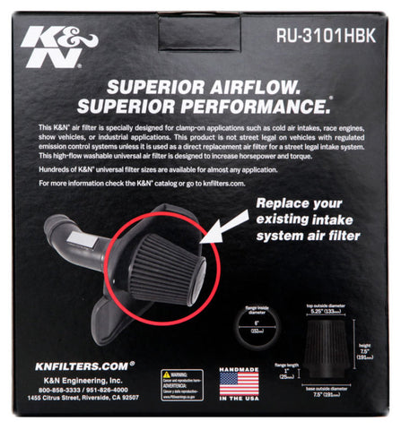 K&N Universal Rubber Filter Round Tapered 6in Flange ID x 7.5in Base OD x 5.25in Top OD x 8in Height - RU-3101HBK