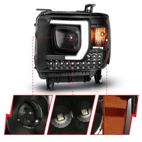 ANZO 2014-2015 GMC Sierra 1500HD Projector Plank Style Headlight Black W/ DRL - 111450
