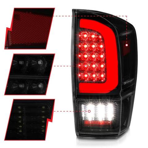 ANZO 16-21 Toyota Tacoma LED Tail Lights - w/ Light Bar Sequential Black Housing & Smoke Lens - 311401
