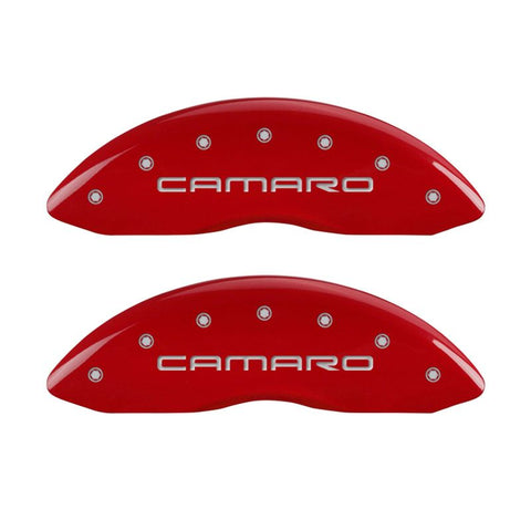 MGP 4 Caliper Covers Engraved Front Gen 4/Camaro Engraved Rear Gen 4/SS Red finish silver ch - 14027SCS4RD