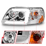 ANZO 1997-2003 Ford F-150 Projector Headlights w/ Light Bar Chrome Housing - 111504