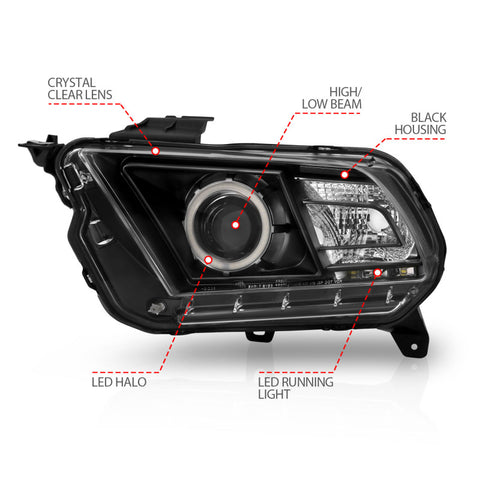 ANZO 2010-2014 Ford Mustang Projector Headlights w/ Halo Black (CCFL) - 121323