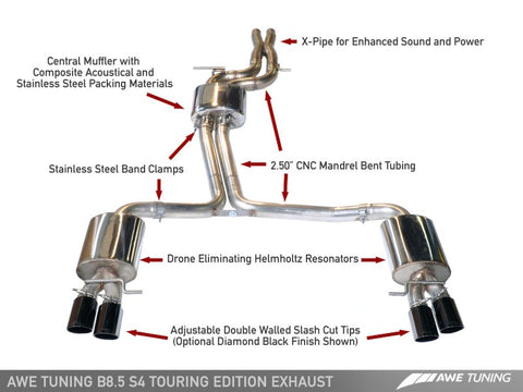 AWE Tuning Audi B8.5 S4 3.0T Touring Edition Exhaust System - Diamond Black Tips (102mm) - 3010-43012