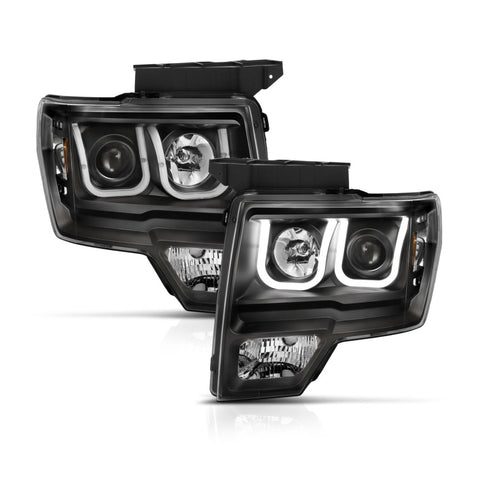 ANZO 2009-2014 Ford F-150 Projector Headlights w/ U-Bar Black Amber (HID TYPE) (WITHOUT HID KIT) - 111351