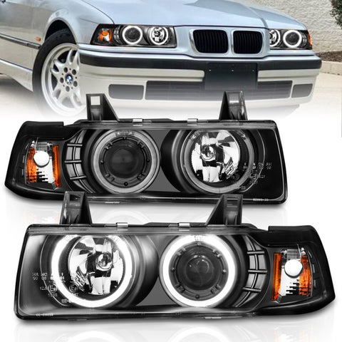 ANZO 1992-1998 BMW 3 Series E36 Projector Headlights w/ Halo Black G2 1 pc - 121325