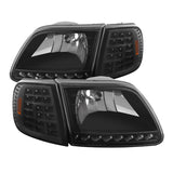 xTune Ford F150 97-03 Crystal Headlights w/ Clear LED Corners Black HD-ON-FF15097-LED-SET-BK - 5014184