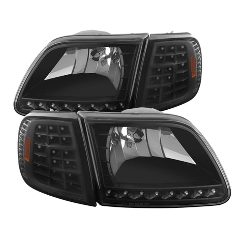 xTune Ford F150 97-03 Crystal Headlights w/ Clear LED Corners Black HD-ON-FF15097-LED-SET-BK - 5014184