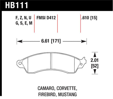 Hawk 94-04 Mustang Cobra / 88-96 Corvette / 88-92 Camaro w/HD Brakes Front Blue 9012 Race Brake Pads - HB111E.610