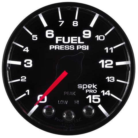 Autometer Spek-Pro Gauge Fuel Press 2 1/16in 15psi Stepper Motor W/Peak & Warn Blk/Blk - P315328
