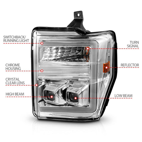 ANZO 08-10 Ford F-250 - F-550 Super Duty Projector Headlights w/ Light Bar Switchback Chrome Housing - 111587