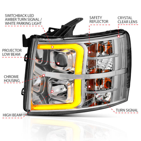 ANZO 07-13 Chevrolet Silverado 1500/2500/3500 Proj Headlights w/ Plank Style Switchback Chrome w/Amb - 111411