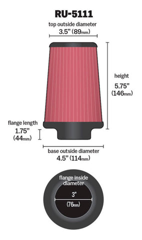 K&N Filter Universal Rubber Filter 3  Flange 4 1/2 Base inch 3 1/2 inch Top 5 3/4 inch Height - RU-5111