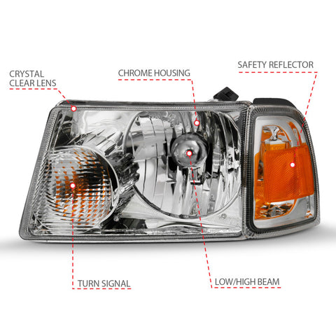 ANZO 2001-2011 Ford Ranger Crystal Headlight Chrome w/Corner Lights (OE Replacement) - 111484