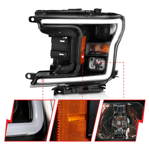 ANZO 2018-2019 Ford F-150 Projector Plank Style H.L. Black Amber (Without Switchback) - 111467