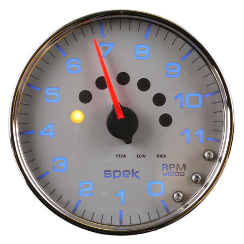 Autometer Spek-Pro Gauge Tachometer 5in 11K Rpm W/Shift Light & Peak Mem Silver/Chrome - P23921