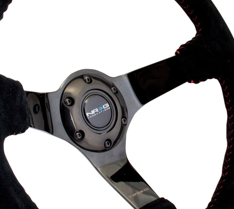 NRG Reinforced Steering Wheel (350mm / 3in. Deep) Blk Suede w/Red BBall Stitch & Black 3-Spoke - RST-036BK-S