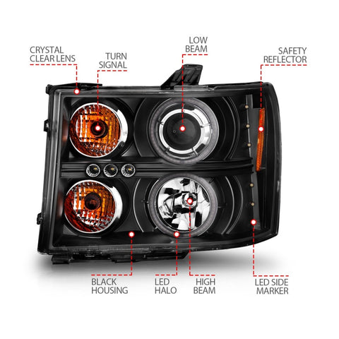 ANZO 2007-2013 GMC Sierra 1500 Projector Headlights w/ Halo Black - 111125