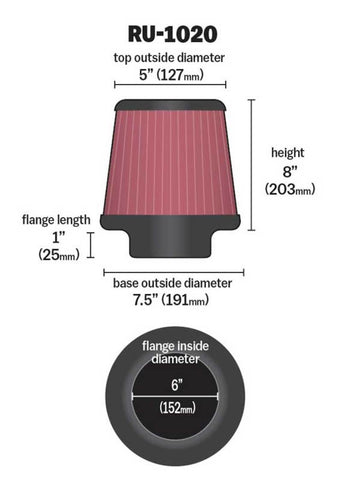 K&N Universal Tapered Filter 6in Flange ID x 7.5in Base OD x 5in Top OD x 8in Height - RU-1020