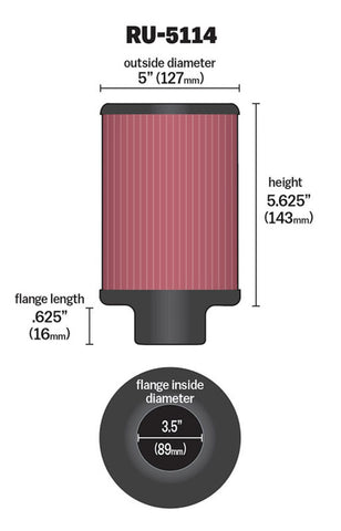 K&N Filter Universal Rubber Filter 3.5in Flange ID x 5in OD x 5.625in H - RU-5114
