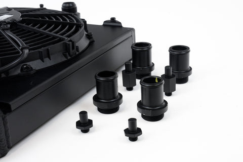 CSF Universal Half Radiator w/-16AN & Slip-On Fittings/12in SPAL Fan & Shroud - Black Finish - 2858XB