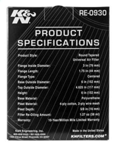 K&N Universal Rubber Filter - Round Tapered 6in Base OD x 3in Flange ID x 6in H - RE-0930