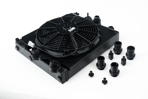 CSF Universal Half Radiator w/-16AN & Slip-On Fittings/12in SPAL Fan & Shroud - Black Finish - 2858XB