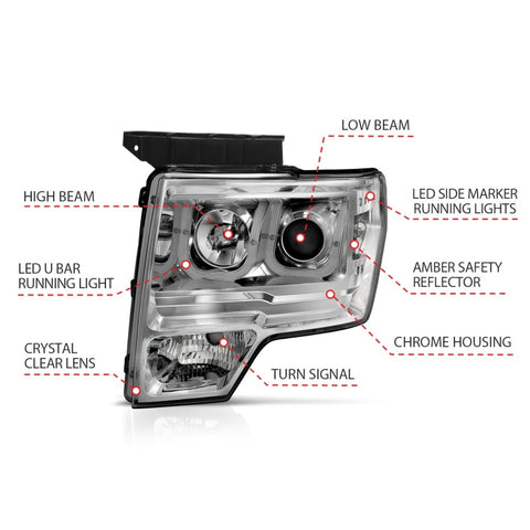 ANZO 2009-2014 Ford F-150 Projector Headlights w/ U-Bar Chrome Amber (HID TYPE) (WITHOUT HID KIT) - 111352