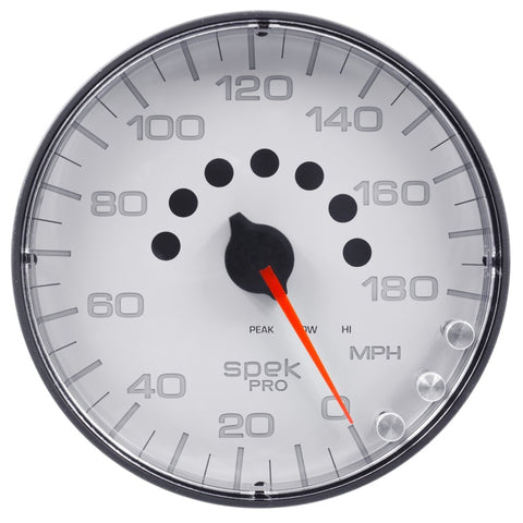 Autometer Spek-Pro Gauge Speedometer 5in 180 Mph Elec. Programmable White/Black - P230128