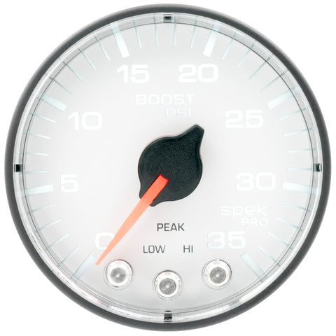 Autometer Spek-Pro 2 1/16in 35PSI Stepper Motor W/Peak & Warn White/Black Boost Gauge - P303128