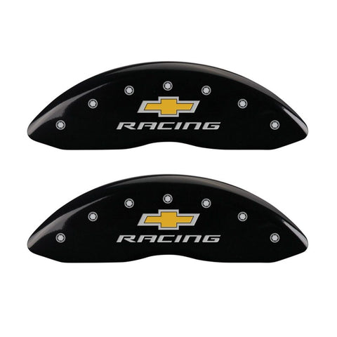 MGP 4 Caliper Covers Engraved Front & Rear Chevy racing Black finish silver ch - 14033SBRCBK