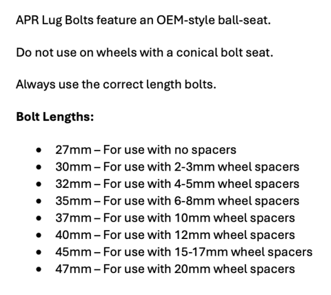 APR Steel Lug Bolts - 37mm Length Use w/ 10mm Spacers - Set of 10 - MS100175