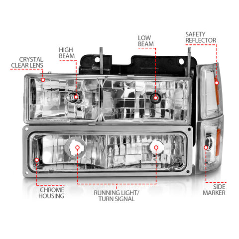 ANZO 88-98 Chevrolet C1500 Crystal Headlights Chrome w/ Signal and Side Marker Lights - 111506