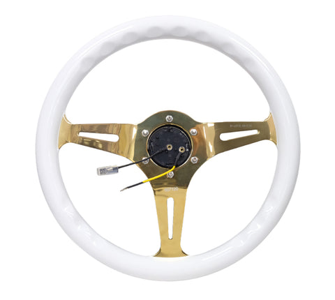 NRG Classic Wood Grain Steering Wheel (350mm) White Grip w/Chrome Gold 3-Spoke Center - ST-015CG-WT