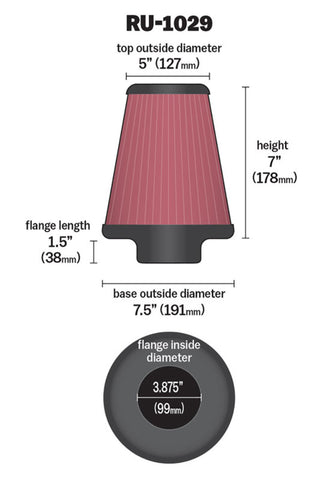 K&N Universal Clamp-On Air Filter 3-7/8in FLG / 7-1/2in B / 5in T / 7in H - RU-1029